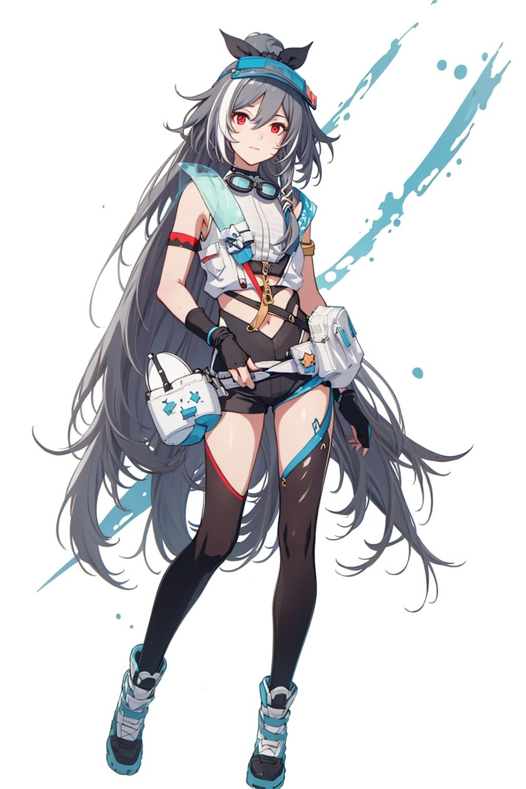 (masterpiece:1.3),(the best quality:1.2),(super fine illustrations:1.2),(Masterpiece),high quality,high detail,(white background:1.2),looking at viewer,(SOLO:1.4),outline,simple background,, fingerless gloves,red eyes,white footwear,anchor,shoes,silver hair,goggles,hair ribbon,bare shoulders,hair ornament,hair between eyes,hat,ponytail,collar,hairband,grey hair,thighhighs,