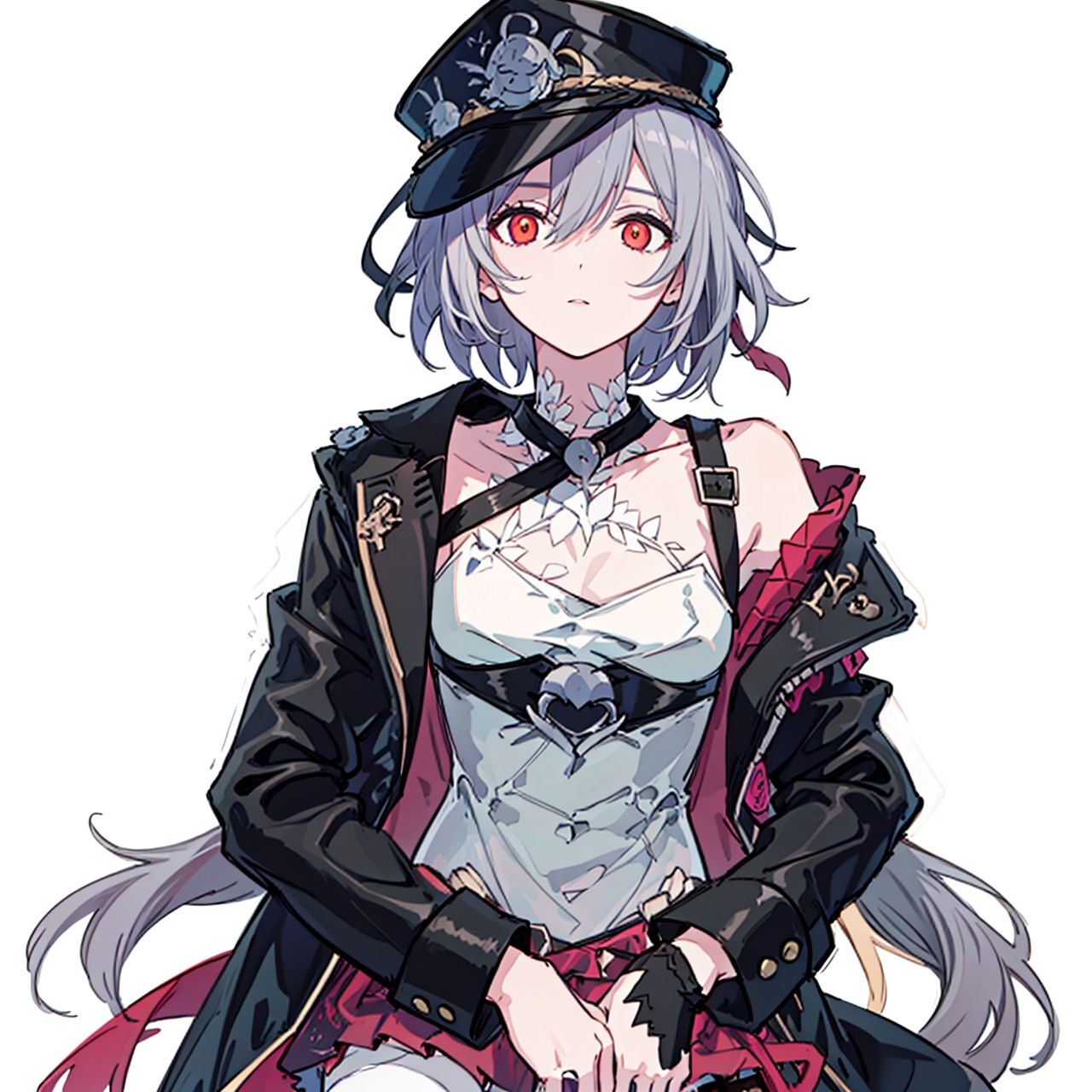  (masterpiece:1.3),(the best quality:1.2),(super fine illustrations:1.2),(Masterpiece),high quality,high detail,(white background:1.2),looking at viewer,(SOLO:1.4),outline,simple background,, boots,hat,senti,silver hair,hat flower,military uniform,military hat,thigh strap,grey hair,black jacket,peaked cap,hair between eyes,bare shoulders,jacket,off shoulder,black footwear,skirt,red eyes,thighhighs,