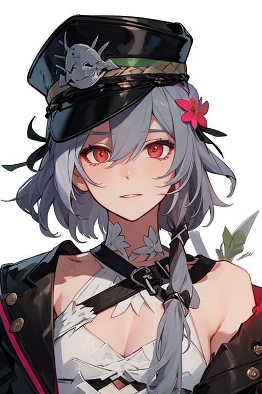 (masterpiece:1.3),(the best quality:1.2),(super fine illustrations:1.2),(Masterpiece),high quality,high detail,(white background:1.2),looking at viewer,(SOLO:1.4),outline,simple background,<lora:识摇滚时装:0.8>, boots,hat,senti,silver hair,hat flower,military uniform,military hat,thigh strap,grey hair,black jacket,peaked cap,hair between eyes,bare shoulders,jacket,off shoulder,black footwear,skirt,red eyes,thighhighs,