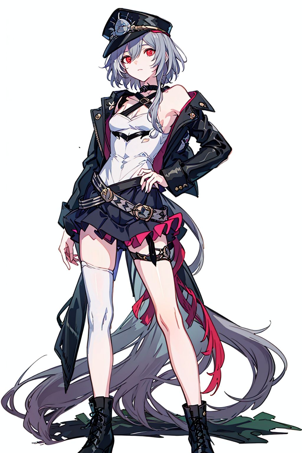 (masterpiece:1.3),(the best quality:1.2),(super fine illustrations:1.2),(Masterpiece),high quality,high detail,(white background:1.2),looking at viewer,(SOLO:1.4),outline,simple background,, boots,hat,senti,silver hair,hat flower,military uniform,military hat,thigh strap,grey hair,black jacket,peaked cap,hair between eyes,bare shoulders,jacket,off shoulder,black footwear,skirt,red eyes,thighhighs,