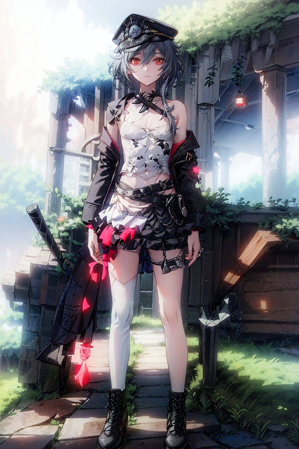 (masterpiece:1.3),(the best quality:1.2),(super fine illustrations:1.2),(Masterpiece),high quality,high detail,(white background:1.2),looking at viewer,(SOLO:1.4),outline,simple background,, boots,hat,senti,silver hair,hat flower,military uniform,military hat,thigh strap,grey hair,black jacket,peaked cap,hair between eyes,bare shoulders,jacket,off shoulder,black footwear,skirt,red eyes,thighhighs,