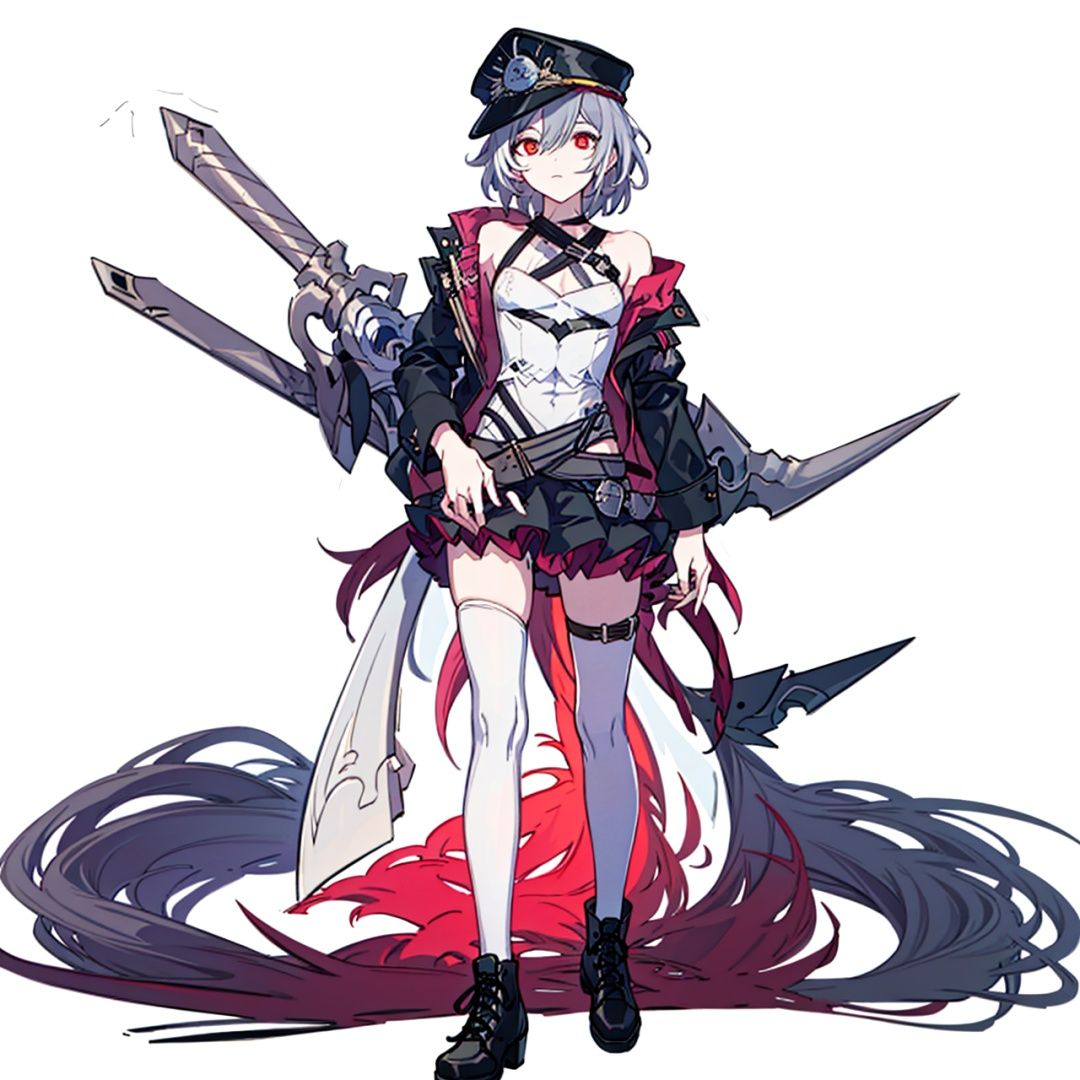 (masterpiece:1.3),(the best quality:1.2),(super fine illustrations:1.2),(Masterpiece),high quality,high detail,(white background:1.2),looking at viewer,(SOLO:1.4),outline,simple background,, boots,hat,senti,silver hair,hat flower,military uniform,military hat,thigh strap,grey hair,black jacket,peaked cap,hair between eyes,bare shoulders,jacket,off shoulder,black footwear,skirt,red eyes,thighhighs,