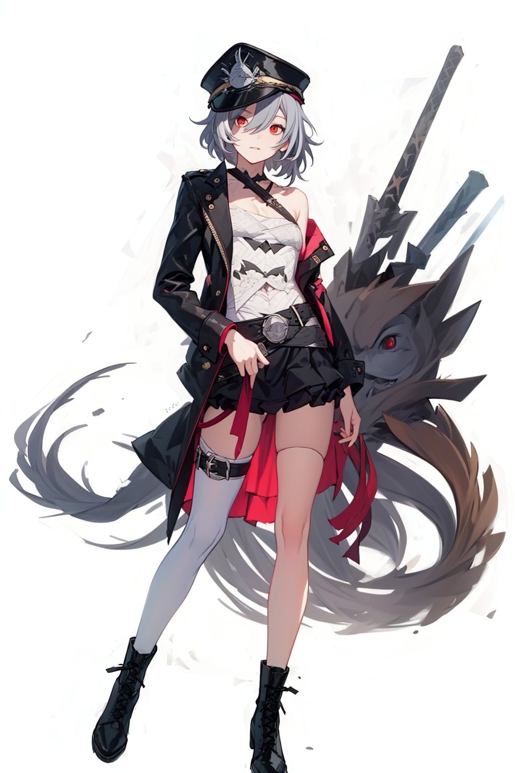 (masterpiece:1.3),(the best quality:1.2),(super fine illustrations:1.2),(Masterpiece),high quality,high detail,(white background:1.2),looking at viewer,(SOLO:1.4),outline,simple background,, boots,hat,senti,silver hair,hat flower,military uniform,military hat,thigh strap,grey hair,black jacket,peaked cap,hair between eyes,bare shoulders,jacket,off shoulder,black footwear,skirt,red eyes,thighhighs,