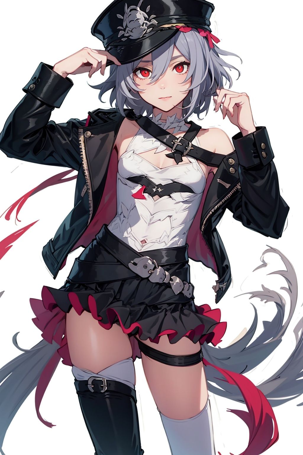 (masterpiece:1.3),(the best quality:1.2),(super fine illustrations:1.2),(Masterpiece),high quality,high detail,(white background:1.2),looking at viewer,(SOLO:1.4),outline,simple background,, boots,hat,senti,silver hair,hat flower,military uniform,military hat,thigh strap,grey hair,black jacket,peaked cap,hair between eyes,bare shoulders,jacket,off shoulder,black footwear,skirt,red eyes,thighhighs,