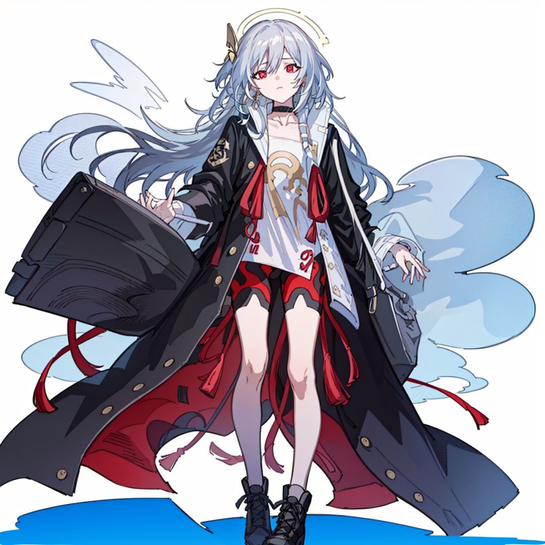 (masterpiece:1.3),(the best quality:1.2),(super fine illustrations:1.2),(Masterpiece),high quality,high detail,(white background:1.2),looking at viewer,(SOLO:1.4),outline,simple background,, senti,grey hair,autumn leaves,black jacket,black footwear,red eyes,thighs,messy hair,hair between eyes,jacket,solo,long hair,