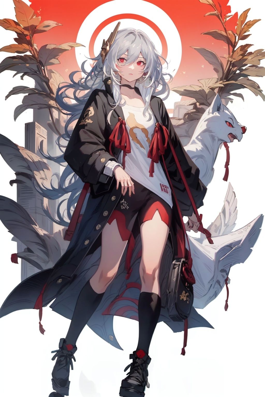 (masterpiece:1.3),(the best quality:1.2),(super fine illustrations:1.2),(Masterpiece),high quality,high detail,(white background:1.2),looking at viewer,(SOLO:1.4),outline,simple background,, senti,grey hair,autumn leaves,black jacket,black footwear,red eyes,thighs,messy hair,hair between eyes,jacket,solo,long hair,