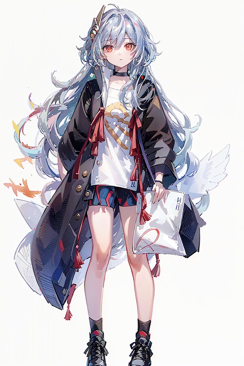 (masterpiece:1.3),(the best quality:1.2),(super fine illustrations:1.2),(Masterpiece),high quality,high detail,(white background:1.2),looking at viewer,(SOLO:1.4),outline,simple background,, senti,grey hair,autumn leaves,black jacket,black footwear,red eyes,thighs,messy hair,hair between eyes,jacket,solo,long hair,