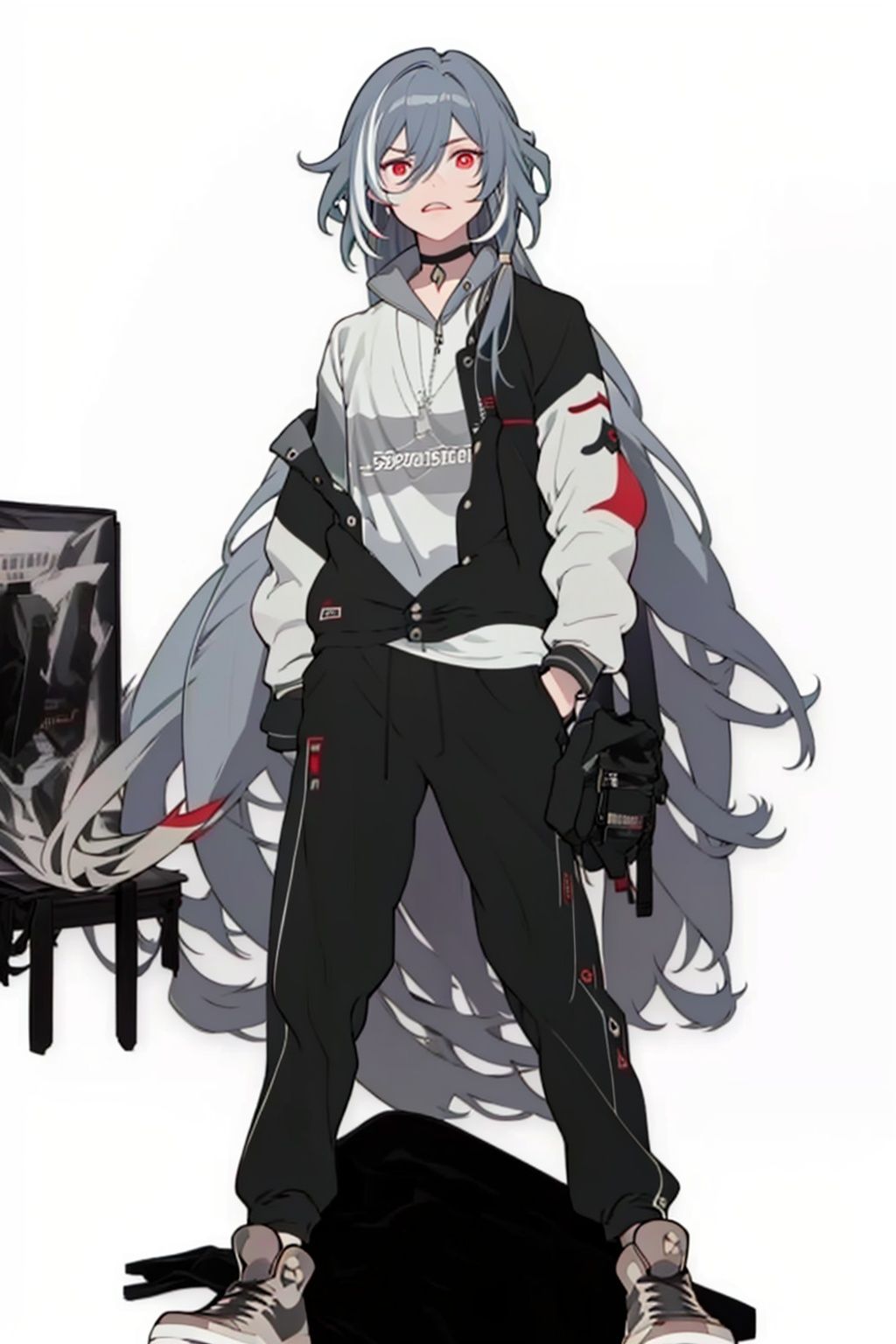 (masterpiece:1.3),(the best quality:1.2),(super fine illustrations:1.2),(Masterpiece),high quality,high detail,(white background:1.2),looking at viewer,(SOLO:1.4),outline,simple background,, sneakers,black pants,senti,grey hair,shirt,jacket,hair between eyes,black choker,white hoodie,red eyes,