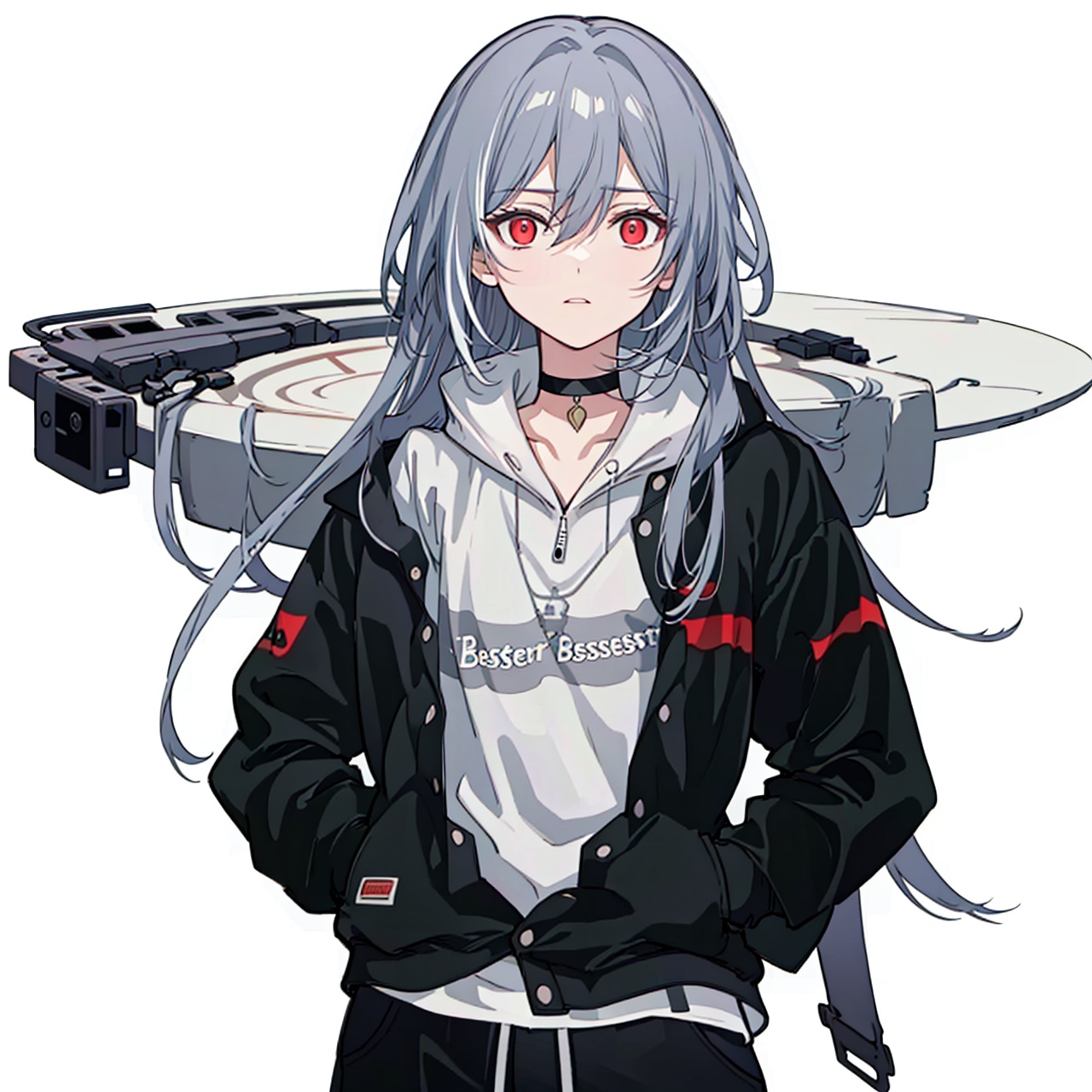  (masterpiece:1.3),(the best quality:1.2),(super fine illustrations:1.2),(Masterpiece),high quality,high detail,(white background:1.2),looking at viewer,(SOLO:1.4),outline,simple background,, sneakers,black pants,senti,grey hair,shirt,jacket,hair between eyes,black choker,white hoodie,red eyes,