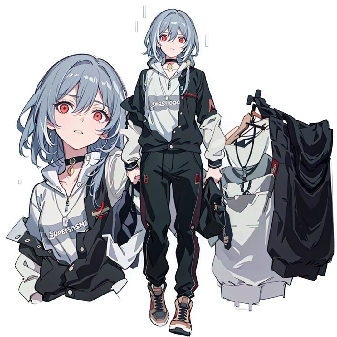 (masterpiece:1.3),(the best quality:1.2),(super fine illustrations:1.2),(Masterpiece),high quality,high detail,(white background:1.2),looking at viewer,(SOLO:1.4),outline,simple background,, sneakers,black pants,senti,grey hair,shirt,jacket,hair between eyes,black choker,white hoodie,red eyes,