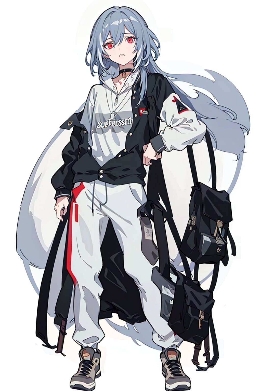 (masterpiece:1.3),(the best quality:1.2),(super fine illustrations:1.2),(Masterpiece),high quality,high detail,(white background:1.2),looking at viewer,(SOLO:1.4),outline,simple background,, sneakers,black pants,senti,grey hair,shirt,jacket,hair between eyes,black choker,white hoodie,red eyes,
