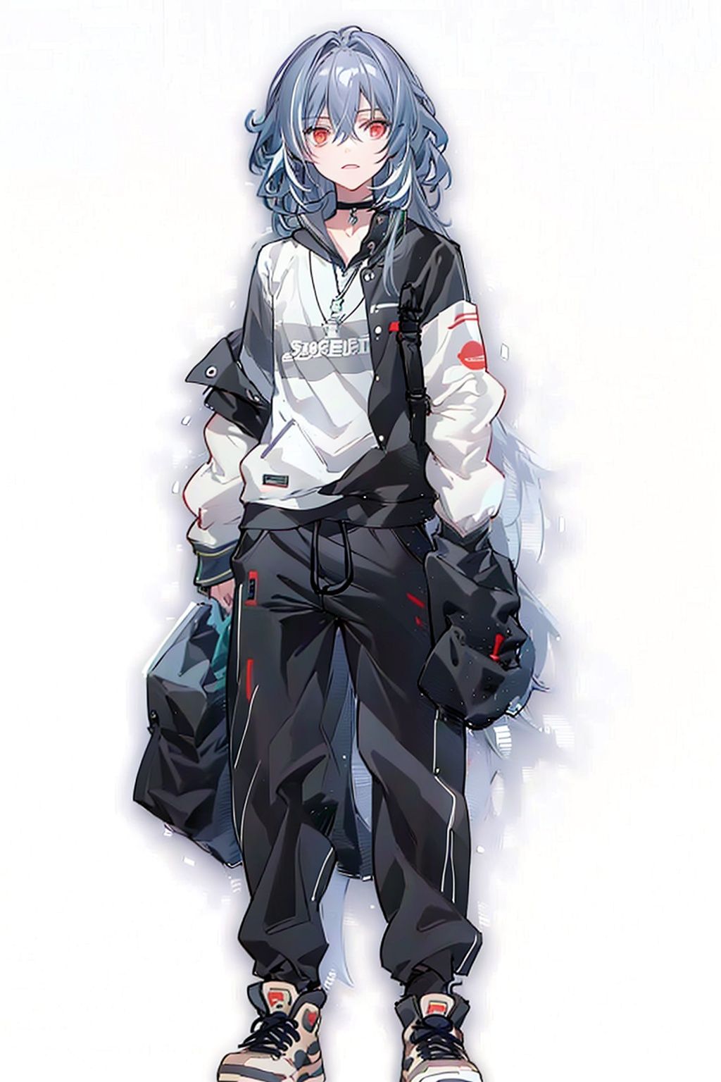 (masterpiece:1.3),(the best quality:1.2),(super fine illustrations:1.2),(Masterpiece),high quality,high detail,(white background:1.2),looking at viewer,(SOLO:1.4),outline,simple background,, sneakers,black pants,senti,grey hair,shirt,jacket,hair between eyes,black choker,white hoodie,red eyes,