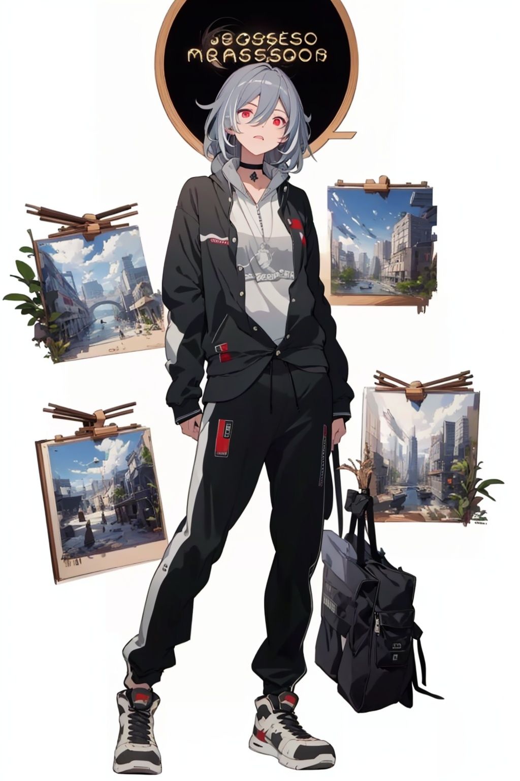 (masterpiece:1.3),(the best quality:1.2),(super fine illustrations:1.2),(Masterpiece),high quality,high detail,(white background:1.2),looking at viewer,(SOLO:1.4),outline,simple background,, sneakers,black pants,senti,grey hair,shirt,jacket,hair between eyes,black choker,white hoodie,red eyes,