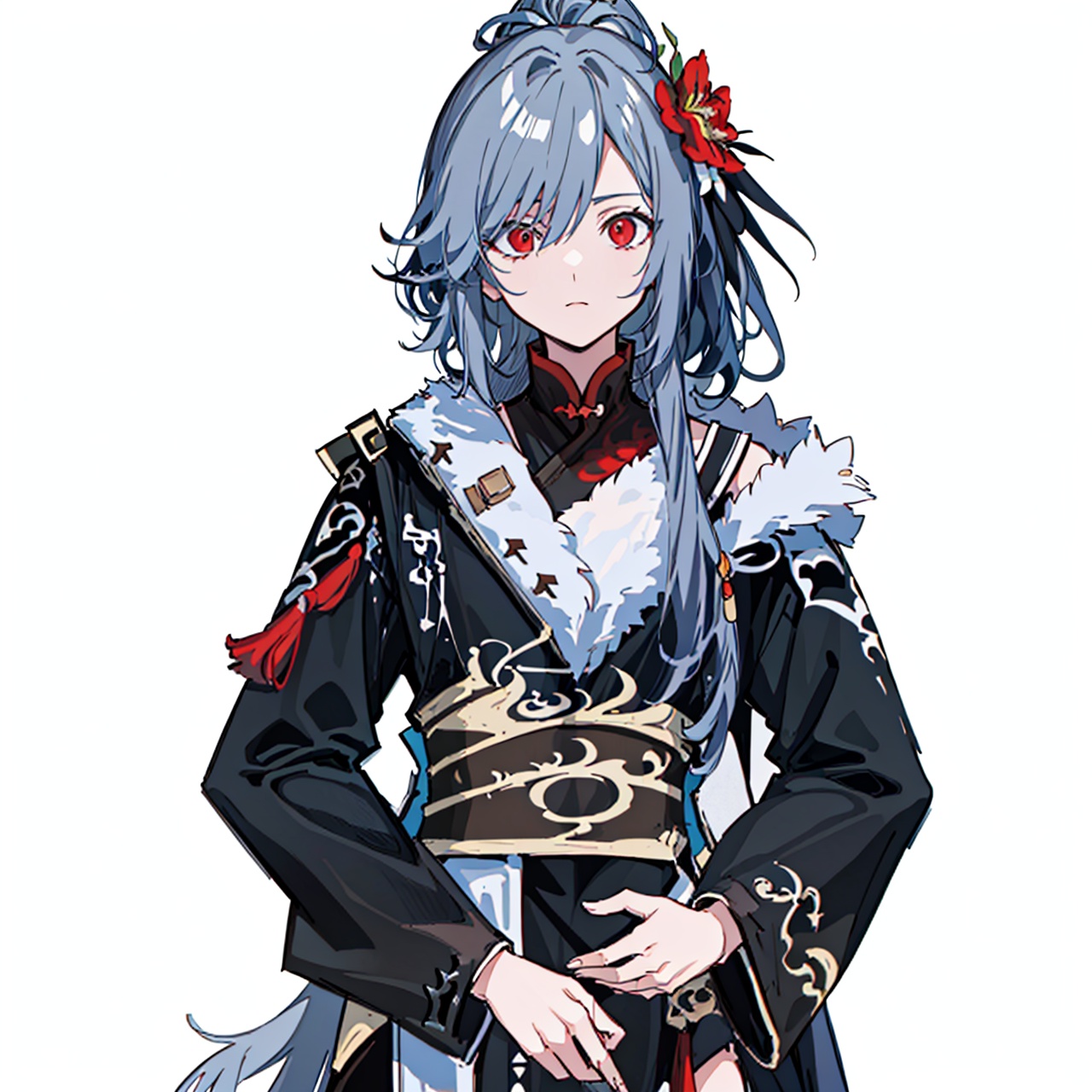  (masterpiece:1.3),(the best quality:1.2),(super fine illustrations:1.2),(Masterpiece),high quality,high detail,(white background:1.2),looking at viewer,(SOLO:1.4),outline,simple background,, hair over one eye,ponytail,senti,hair flower,polearm,chinese clothes,grey hair,hair ornament,red eyes,solo,