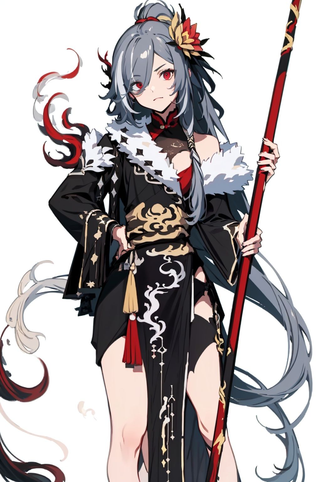 (masterpiece:1.3),(the best quality:1.2),(super fine illustrations:1.2),(Masterpiece),high quality,high detail,(white background:1.2),looking at viewer,(SOLO:1.4),outline,simple background,, hair over one eye,ponytail,senti,hair flower,polearm,chinese clothes,grey hair,hair ornament,red eyes,solo,