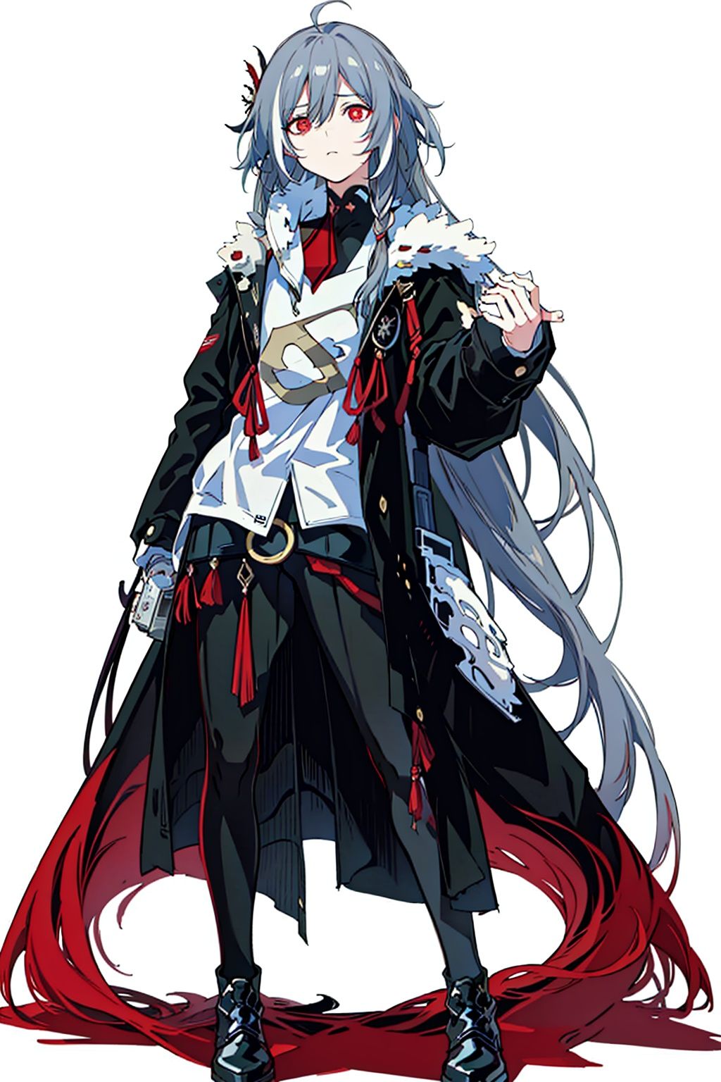 (masterpiece:1.3),(the best quality:1.2),(super fine illustrations:1.2),(Masterpiece),high quality,high detail,(white background:1.2),looking at viewer,(SOLO:1.4),outline,simple background,, red eyes,senti,grey_hair,hair_between_eyes,long hair,very long hair,hair between eyes,
