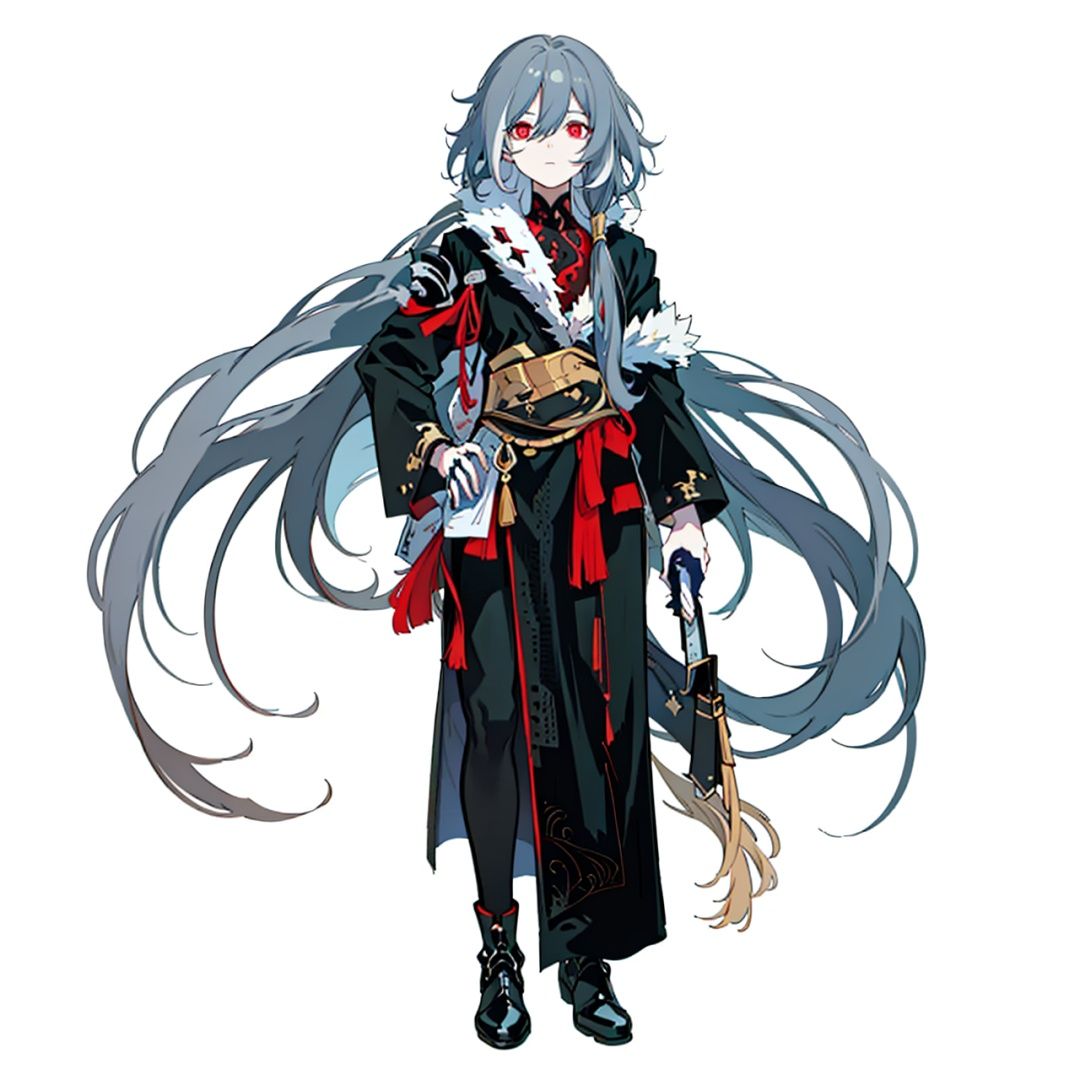 (masterpiece:1.3),(the best quality:1.2),(super fine illustrations:1.2),(Masterpiece),high quality,high detail,(white background:1.2),looking at viewer,(SOLO:1.4),outline,simple background,, red eyes,senti,grey_hair,hair_between_eyes,long hair,very long hair,hair between eyes,