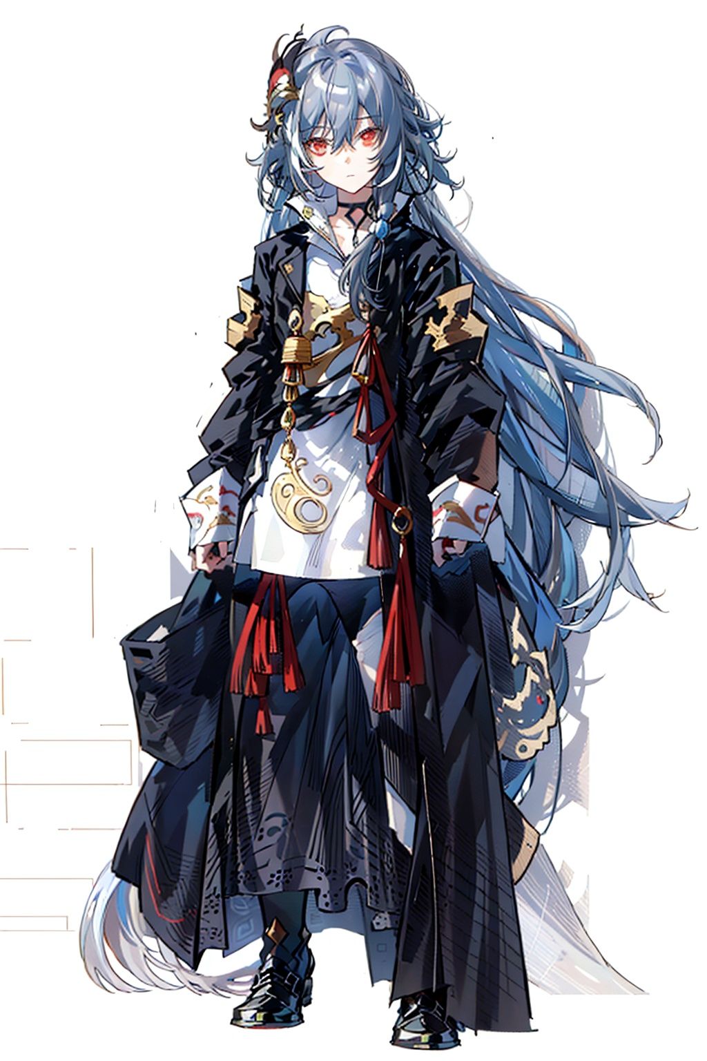 (masterpiece:1.3),(the best quality:1.2),(super fine illustrations:1.2),(Masterpiece),high quality,high detail,(white background:1.2),looking at viewer,(SOLO:1.4),outline,simple background,, red eyes,senti,grey_hair,hair_between_eyes,long hair,very long hair,hair between eyes,