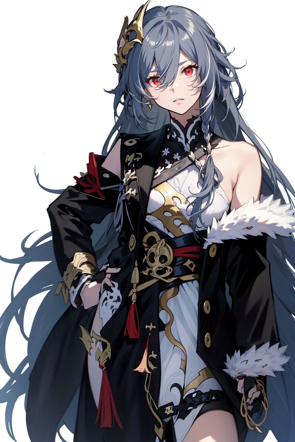 (masterpiece:1.3),(the best quality:1.2),(super fine illustrations:1.2),(Masterpiece),high quality,high detail,(white background:1.2),looking at viewer,(SOLO:1.4),outline,simple background,, red eyes,senti,grey_hair,hair_between_eyes,long hair,very long hair,hair between eyes,