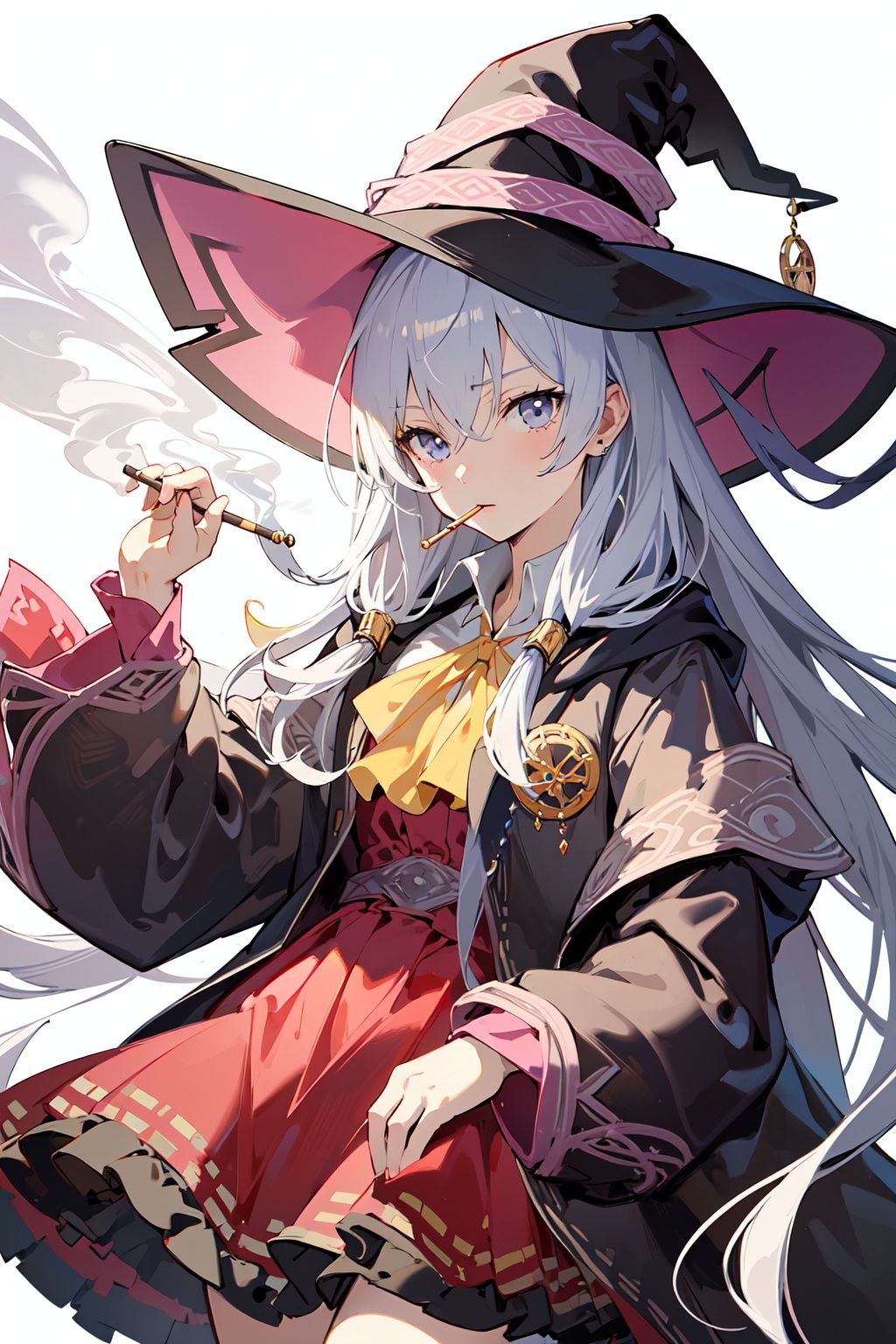 (masterpiece:1.2), best quality,PIXIV, smoking girl,Elaina,white hair,witch hat, white simple background,  <lora:smoking girl_20230912150007:0.6:1,0,0,0,0,0,0,1,1,1,1,1,1,1,1,0,0> 