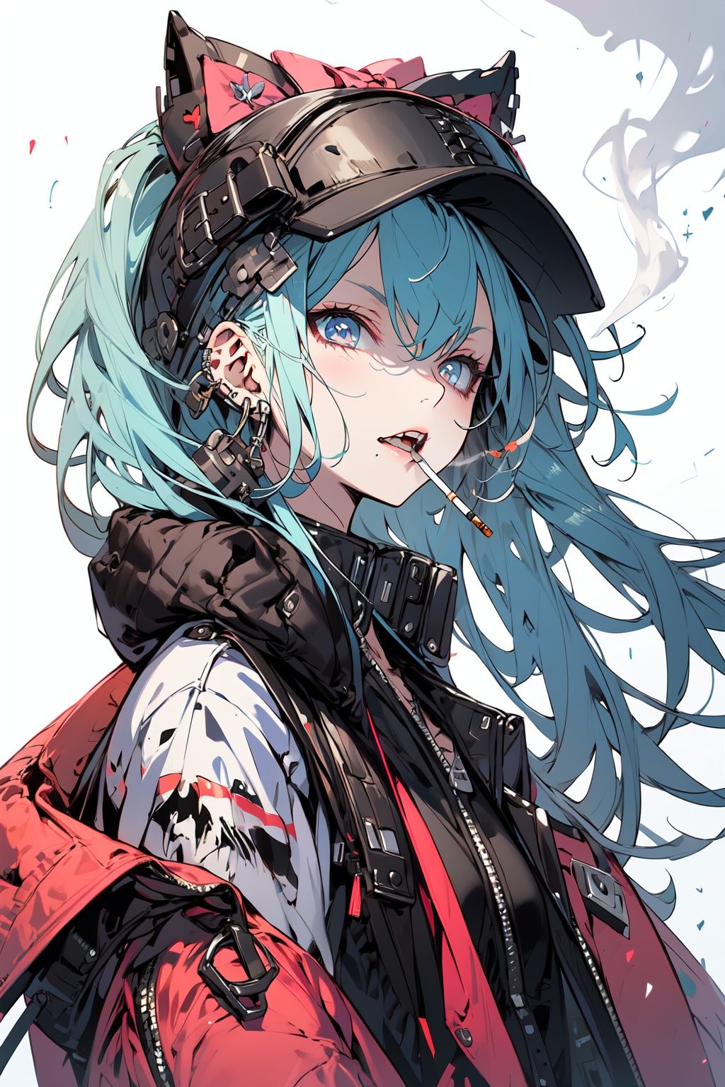 (masterpiece:1.2), best quality,PIXIV, smoking girl,Rebellious girl,white simple background,  <lora:smoking girl_20230912150007:0.6:1,0,0,0,0,0,0,1,1,1,1,1,1,1,1,0,0>   <lora:Rebellious girl_20230813171407:0.8>