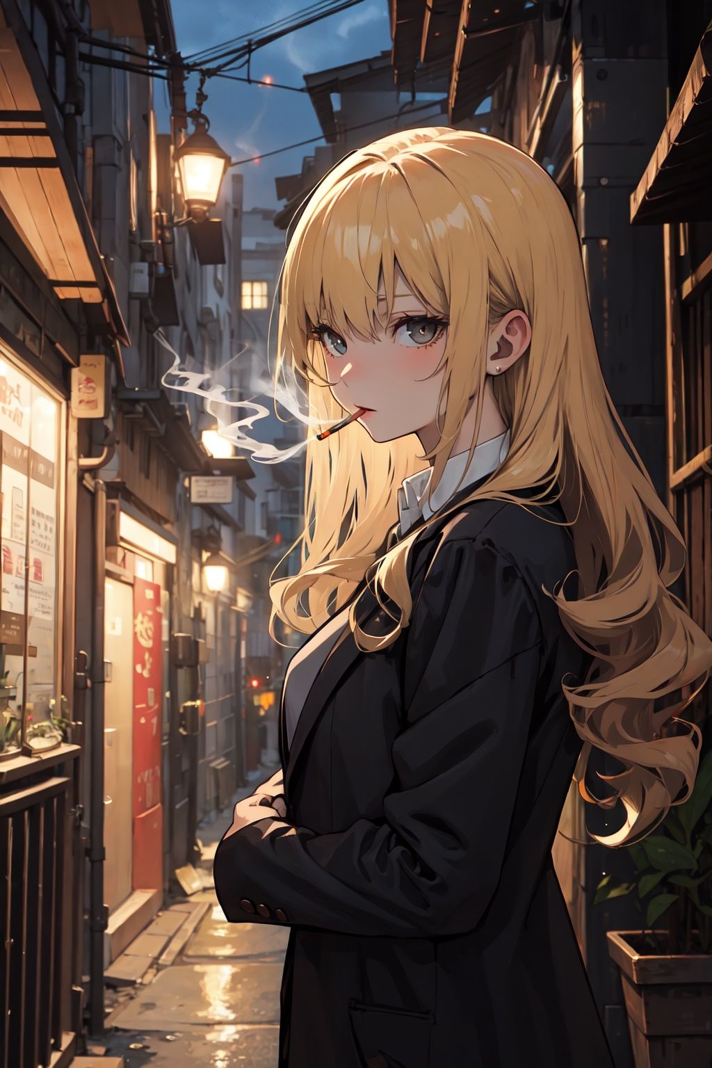 masterpiece, best quality, PIXIV,smoking girl,1girl,blonde hair, very long hair, Curly hair,mature female, business suit, black open coat, Alley, nightupper body,  <lora:smoking girl_20230912150007:0.6>  