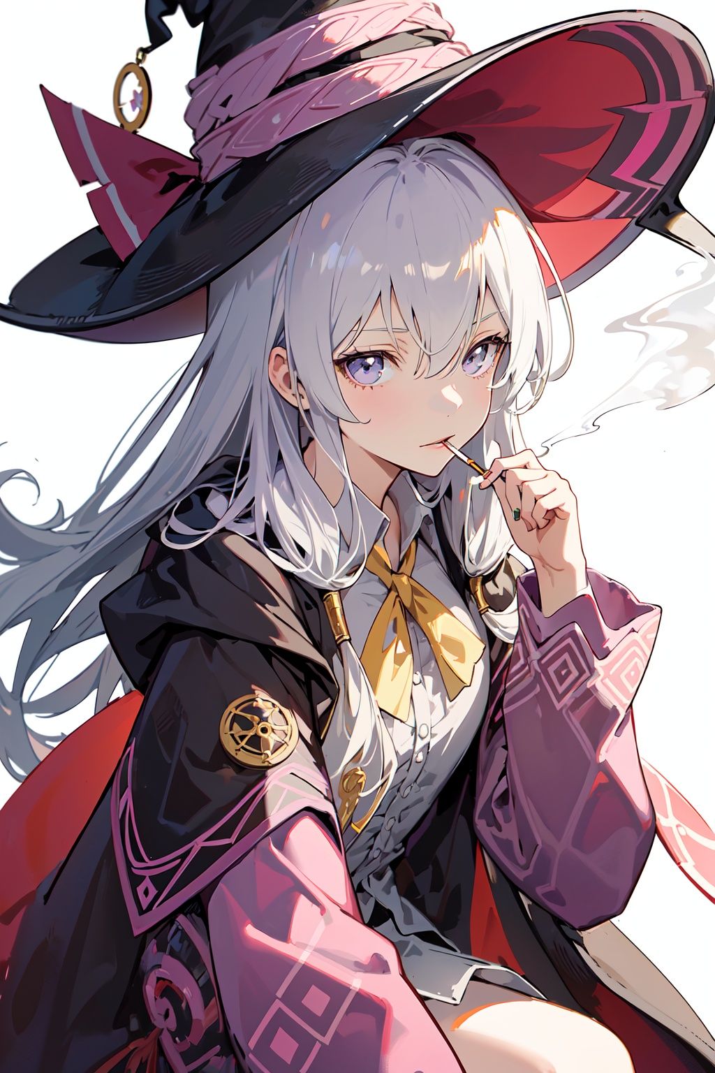 (masterpiece:1.2), best quality,PIXIV, smoking girl,Elaina,white hair,witch hat, white simple background,  <lora:smoking girl_20230912150007:0.6:1,0,0,0,0,0,0,1,1,1,1,1,1,1,1,0,0> 