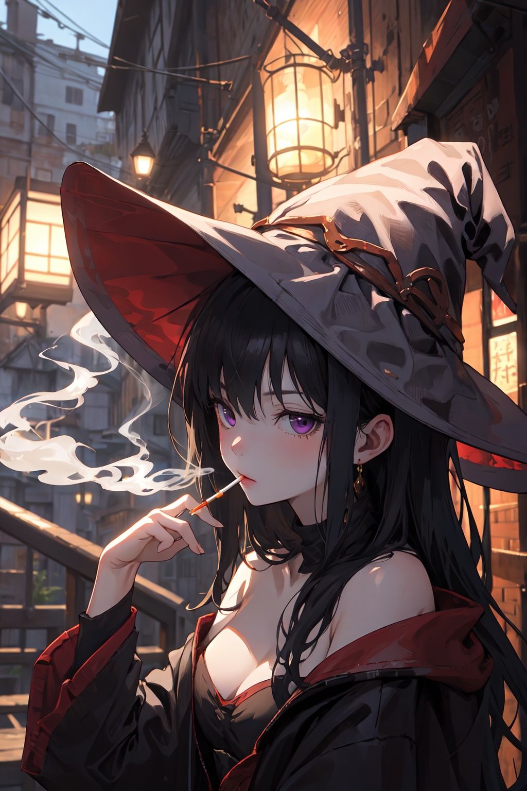 masterpiece, best quality, PIXIV,smoking girl,elaina \(majo no tabitabi\), witch, witch hat,purple eyes,  upper body,  <lora:smoking girl_20230912150007:0.6>  