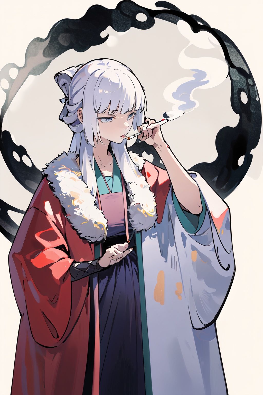 (masterpiece:1.2), best quality,PIXIV, smoking girl,baiyuxiu,white hair,white simple background,  <lora:smoking girl_20230912150007:0.6:1,0,0,0,0,0,0,1,1,1,1,1,1,1,1,0,0> <lora:fenglingyuxiu:1>