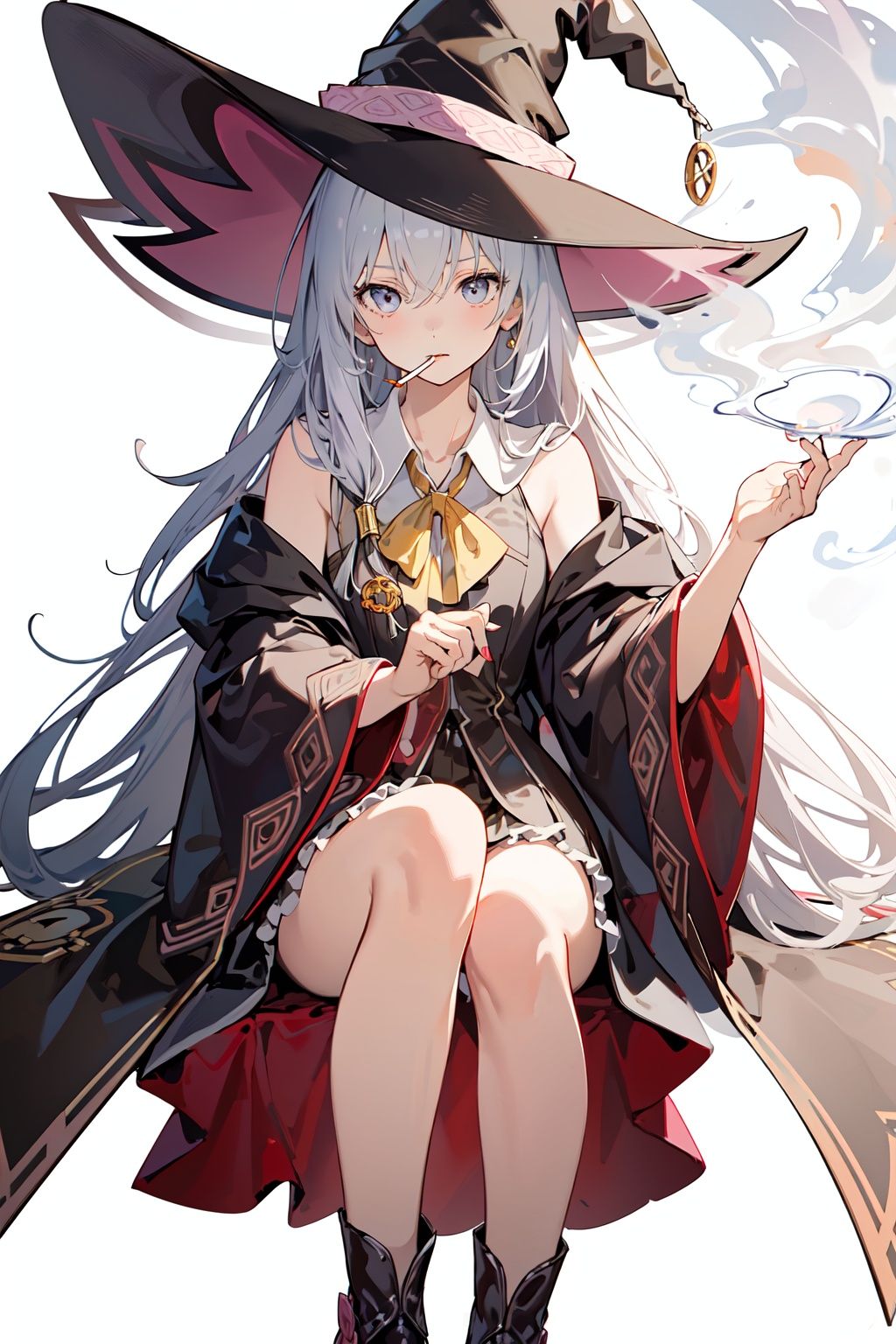 (masterpiece:1.2), best quality,PIXIV, smoking girl,Elaina,white hair,witch hat, white simple background,  <lora:smoking girl_20230912150007:0.6:1,0,0,0,0,0,0,1,1,1,1,1,1,1,1,0,0> 