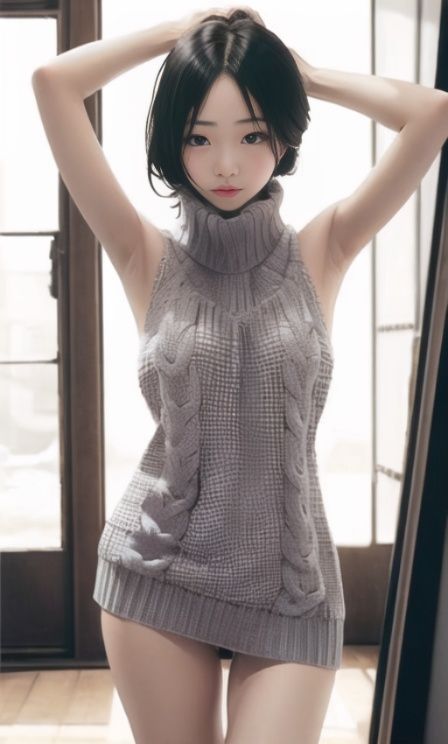 1girl,gray backlesssweater,standing,((face forward)), upper body,indoors, <lora:backless_sweater_fantasystyle_1.0:0.6>