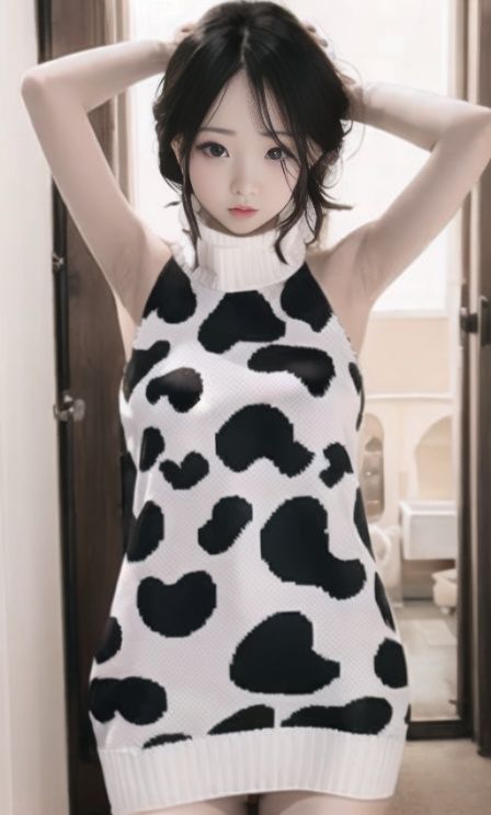 1girl,cowprint backlesssweater,standing,((face forward)), upper body,indoors, <lora:backless_sweater_fantasystyle_1.0:0.8>