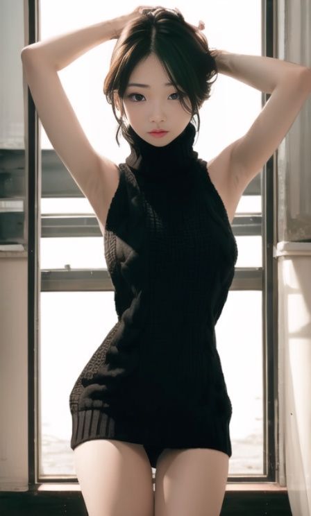 1girl,black backlesssweater,standing,((face forward)), upper body,indoors, <lora:backless_sweater_fantasystyle_1.0:0.6>