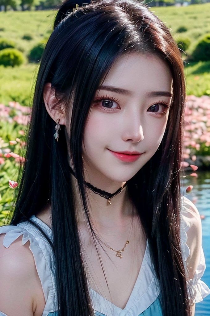 HDR, UHD, 8K, Highly detailed, best quality, masterpiece, 1girl, realistic, Highly detailed, (EOS R8, 50mm, F1.2, 8K, RAW photo:1.2), ultra realistic 8k cg,1 girl, solo focus,peafect body,Long hair,Messy hair,Bangs,hair between eyes,Sidelocks,Hair over shoulder,very long hair,shiny hair,floating hair,Bright eyes,big eyes,detailed eyes,beautiful eyes,hair ornament,hair flower,choker,frilled dress with lace,long dress,pleated dress,[loli],blush,blushing,,outdoors,water,flower,sitting in the ((sea of flowers)), flower field,meadow,beautiful detailed sky,feather,nature,(sunlight),  skirt up,AGM,moist skin, shiny skin, glossy skin, (best illumination, best shadow, extremely delicate and beautiful), perfect lighting, original, highres, dynamic angle, floating,depth of field, caustics,lens flare,warm lighting,(official art,beautiful and aesthetic:1.2),beautiful face, ultra detailed eyes,  yunxi,smile,smiling,purple hair, earrings, purple eyes,