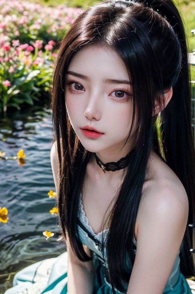 HDR, UHD, 8K, Highly detailed, best quality, masterpiece, 1girl, realistic, Highly detailed, (EOS R8, 50mm, F1.2, 8K, RAW photo:1.2), ultra realistic 8k cg,1 girl, solo focus,peafect body,Long hair,Messy hair,Bangs,hair between eyes,Sidelocks,Hair over shoulder,very long hair,shiny hair,floating hair,Bright eyes,big eyes,detailed eyes,beautiful eyes,hair ornament,hair flower,choker,frilled dress with lace,long dress,pleated dress,[loli],blush,blushing,,outdoors,water,flower,sitting in the ((sea of flowers)), flower field,meadow,beautiful detailed sky,feather,nature,(sunlight),  skirt up,AGM,moist skin, shiny skin, glossy skin, (best illumination, best shadow, extremely delicate and beautiful), perfect lighting, original, highres, dynamic angle, floating,depth of field, caustics,lens flare,warm lighting,(official art,beautiful and aesthetic:1.2),beautiful face, ultra detailed eyes,  yaoye,ponytail,