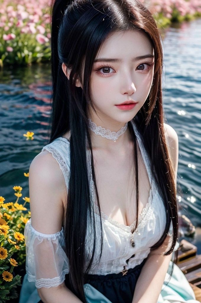HDR, UHD, 8K, Highly detailed, best quality, masterpiece, 1girl, realistic, Highly detailed, (EOS R8, 50mm, F1.2, 8K, RAW photo:1.2), ultra realistic 8k cg,1 girl, solo focus,peafect body,Long hair,Messy hair,Bangs,hair between eyes,Sidelocks,Hair over shoulder,very long hair,shiny hair,floating hair,Bright eyes,big eyes,detailed eyes,beautiful eyes,hair ornament,hair flower,choker,frilled dress with lace,long dress,pleated dress,[loli],blush,blushing,,outdoors,water,flower,sitting in the ((sea of flowers)), flower field,meadow,beautiful detailed sky,feather,nature,(sunlight),  skirt up,AGM,moist skin, shiny skin, glossy skin, (best illumination, best shadow, extremely delicate and beautiful), perfect lighting, original, highres, dynamic angle, floating,depth of field, caustics,lens flare,warm lighting,(official art,beautiful and aesthetic:1.2),beautiful face, ultra detailed eyes,  yaoye,ponytail,