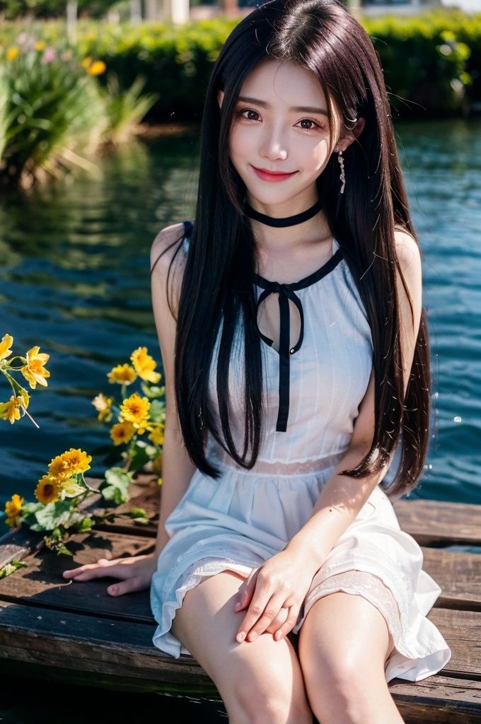 HDR, UHD, 8K, Highly detailed, best quality, masterpiece, 1girl, realistic, Highly detailed, (EOS R8, 50mm, F1.2, 8K, RAW photo:1.2), ultra realistic 8k cg,1 girl, solo focus,peafect body,Long hair,Messy hair,Bangs,hair between eyes,Sidelocks,Hair over shoulder,very long hair,shiny hair,floating hair,Bright eyes,big eyes,detailed eyes,beautiful eyes,hair ornament,hair flower,choker,frilled dress with lace,long dress,pleated dress,[loli],blush,blushing,smile,smiling,outdoors,water,flower,sitting in the ((sea of flowers)), flower field,meadow,beautiful detailed sky,feather,nature,(sunlight),  skirt up,AGM,moist skin, shiny skin, glossy skin, (best illumination, best shadow, extremely delicate and beautiful), perfect lighting, original, highres, dynamic angle, floating,depth of field, caustics,lens flare,warm lighting,(official art,beautiful and aesthetic:1.2),beautiful face, ultra detailed eyes,  yunxi,smile,smiling,purple hair, earrings, purple eyes,