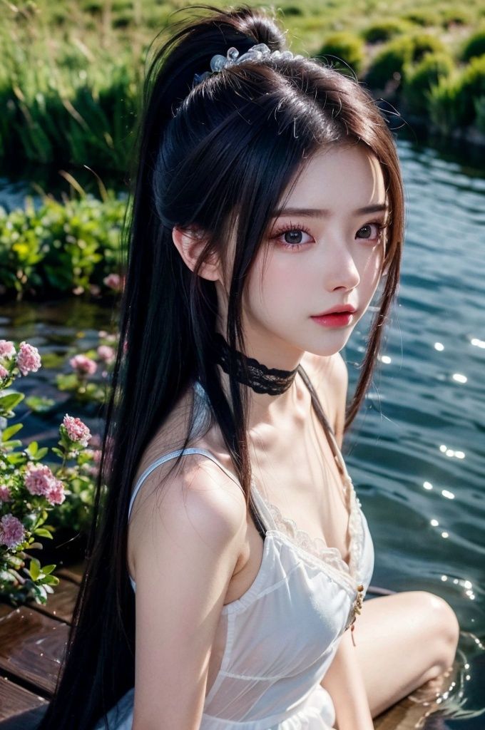 HDR, UHD, 8K, Highly detailed, best quality, masterpiece, 1girl, realistic, Highly detailed, (EOS R8, 50mm, F1.2, 8K, RAW photo:1.2), ultra realistic 8k cg,1 girl, solo focus,peafect body,Long hair,Messy hair,Bangs,hair between eyes,Sidelocks,Hair over shoulder,very long hair,shiny hair,floating hair,Bright eyes,big eyes,detailed eyes,beautiful eyes,hair ornament,hair flower,choker,frilled dress with lace,long dress,pleated dress,[loli],blush,blushing,,outdoors,water,flower,sitting in the ((sea of flowers)), flower field,meadow,beautiful detailed sky,feather,nature,(sunlight),  skirt up,AGM,moist skin, shiny skin, glossy skin, (best illumination, best shadow, extremely delicate and beautiful), perfect lighting, original, highres, dynamic angle, floating,depth of field, caustics,lens flare,warm lighting,(official art,beautiful and aesthetic:1.2),beautiful face, ultra detailed eyes,  yaoye,ponytail,