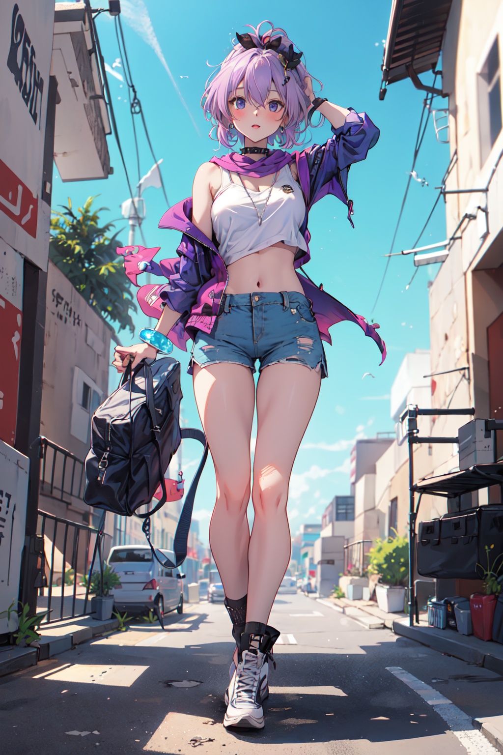 (masterpiece:1.2), best quality,PIXIV, cool girl,javelin \(azur lane\), purple hair, full body, street,short shorts, <lora:cool girl_20230913102000:0.7:1,1,1,1,1,1,1,1,1,1,1,1,1,1,1,0,0>   <lora:javelin_v3.0:0.8:CHARACTER>