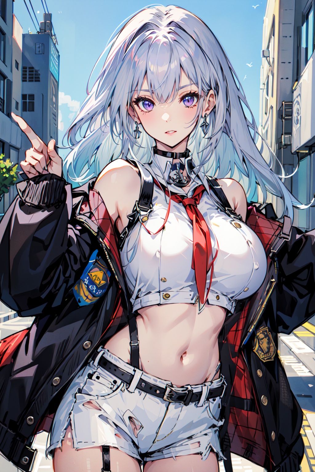 (masterpiece:1.2), best quality,PIXIV, cool girl,enterprise \(azur lane\),  , white hair,purple eyes,united states navy, street,(big breast),short shorts, <lora:cool girl_20230913102000:0.7:1,1,1,1,1,1,1,1,1,1,1,1,1,1,1,0,0>  <lora:Enterprise:0.8:CHARACTER>