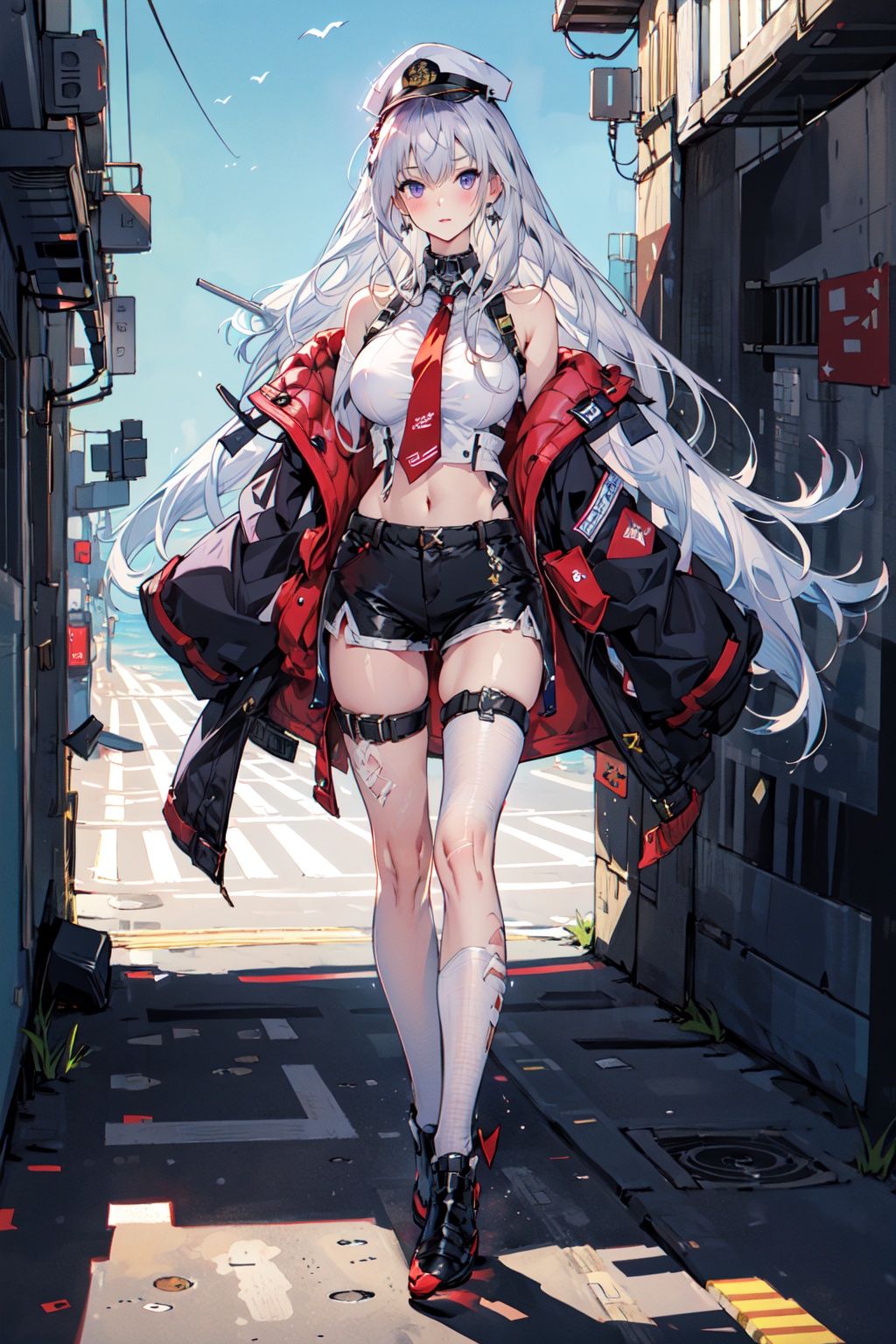 (masterpiece:1.2), best quality,PIXIV, cool girl,enterprise \(azur lane\),  , white hair,purple eyes,full body,united states navy, street,(big breast),short shorts, <lora:cool girl_20230913102000:0.7:1,1,1,1,1,1,1,1,1,1,1,1,1,1,1,0,0>  <lora:Enterprise:0.8:CHARACTER>