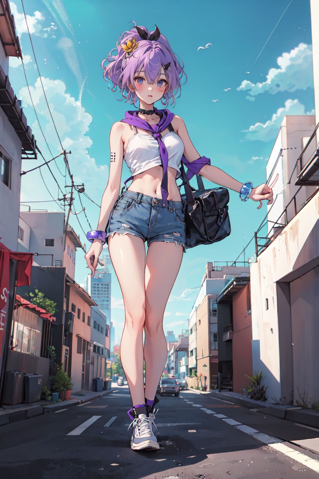 (masterpiece:1.2), best quality,PIXIV, cool girl,javelin \(azur lane\), purple hair, full body, street,short shorts, <lora:cool girl_20230913102000:0.7:1,1,1,1,1,1,1,1,1,1,1,1,1,1,1,0,0>   <lora:javelin_v3.0:0.8:CHARACTER>