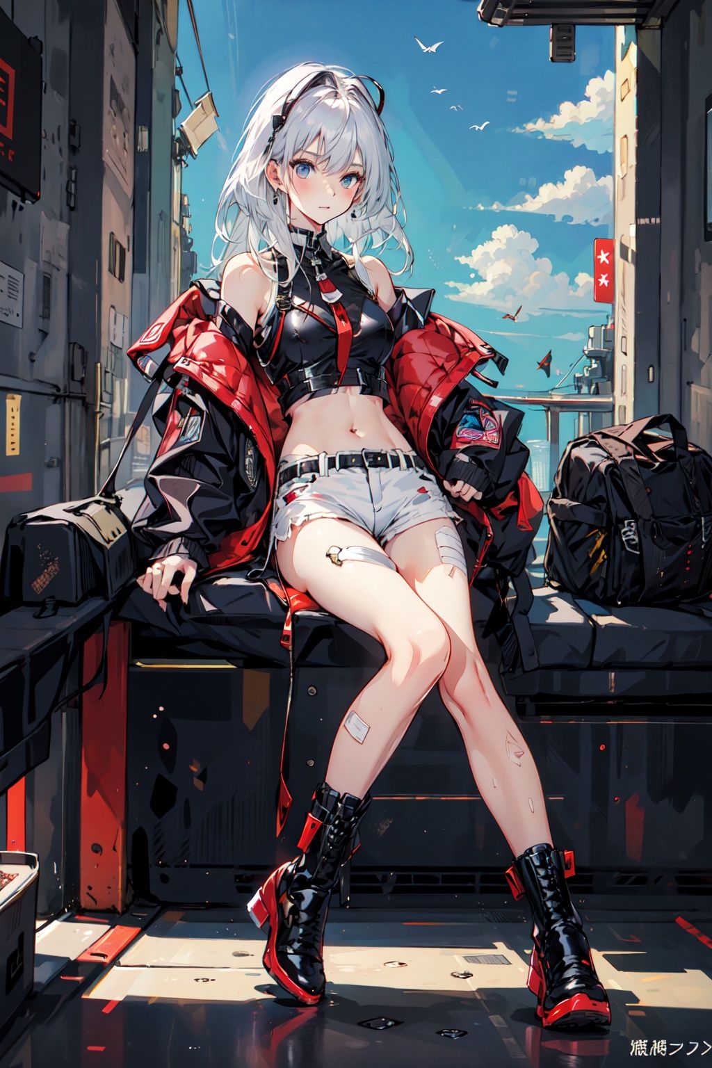 (masterpiece:1.2), best quality,PIXIV, cool girl, full body, enterprise \(azur lane\),navel, short shorts, white hair,<lora:cool girl_20230913102000:0.7:1,1,1,1,1,1,1,1,1,1,1,1,1,1,1,0,0>  <lora:Enterprise:0.8:CHARACTER>