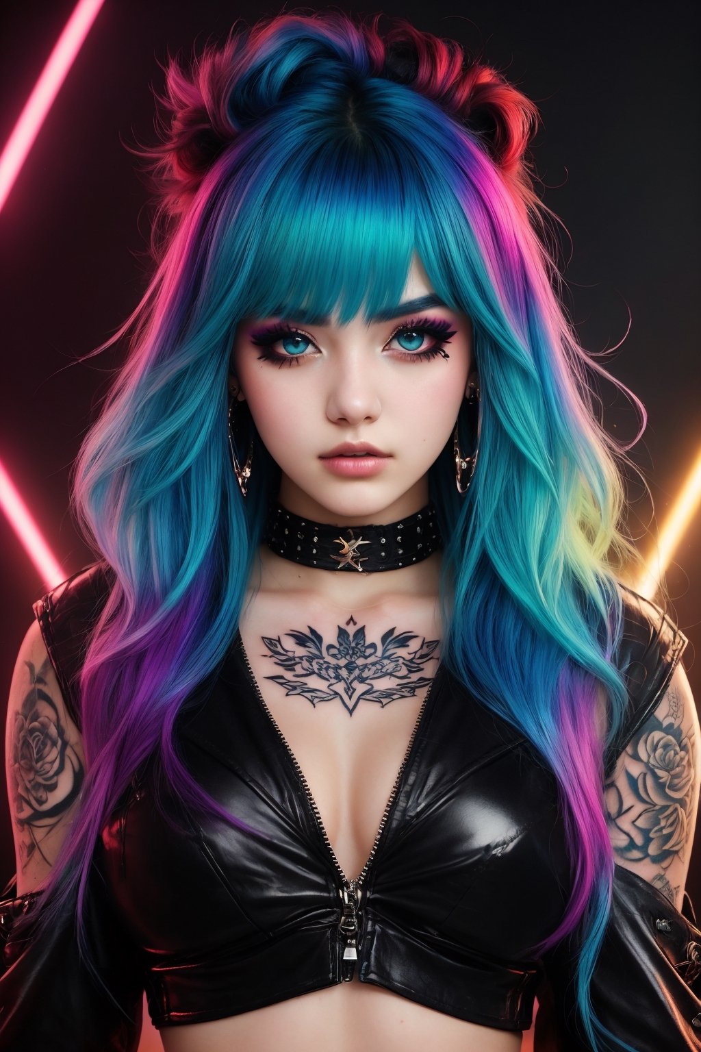 A confident and edgy 18-year-old Girl exudes rebellious confidence. Her boldly colored hair frames her face like a vibrant...