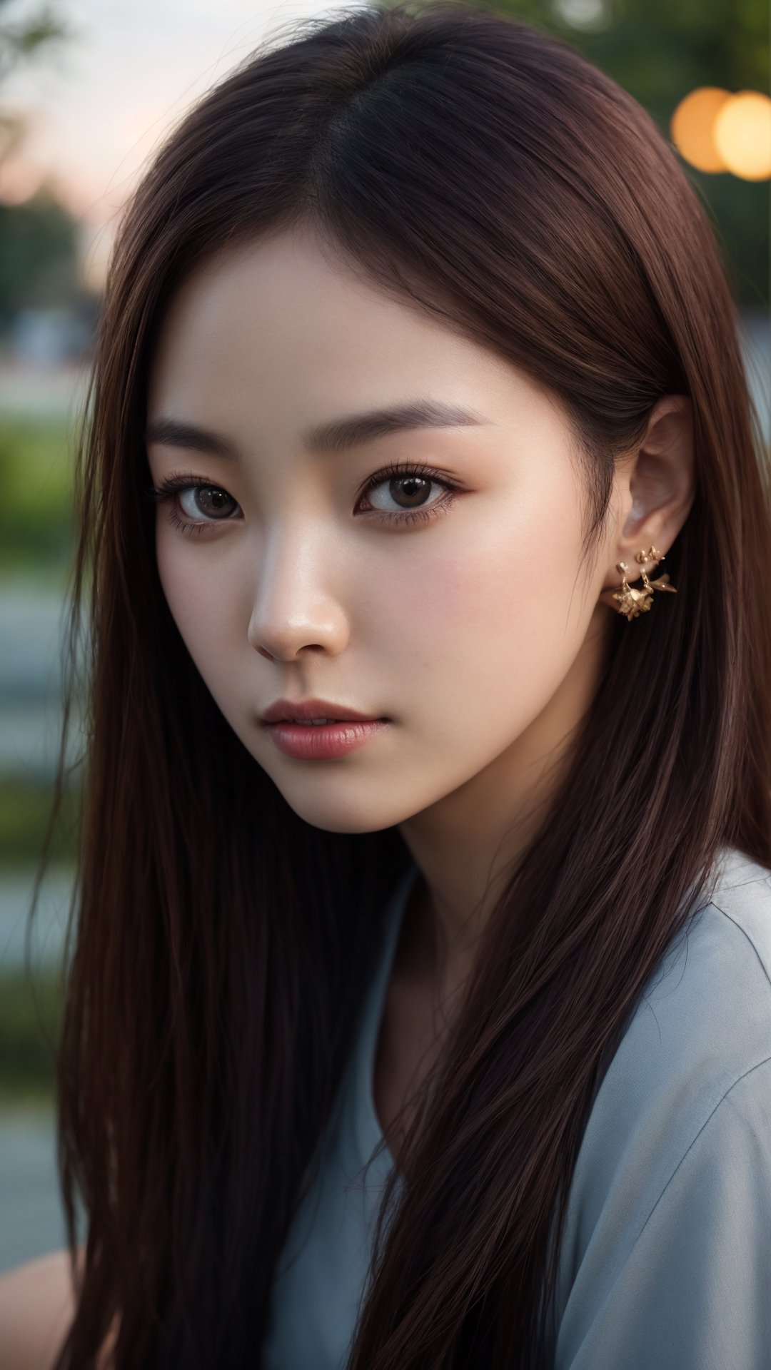 a hansohee sitting on a bench in the park,  night lights,  city lights on Tensor.Art