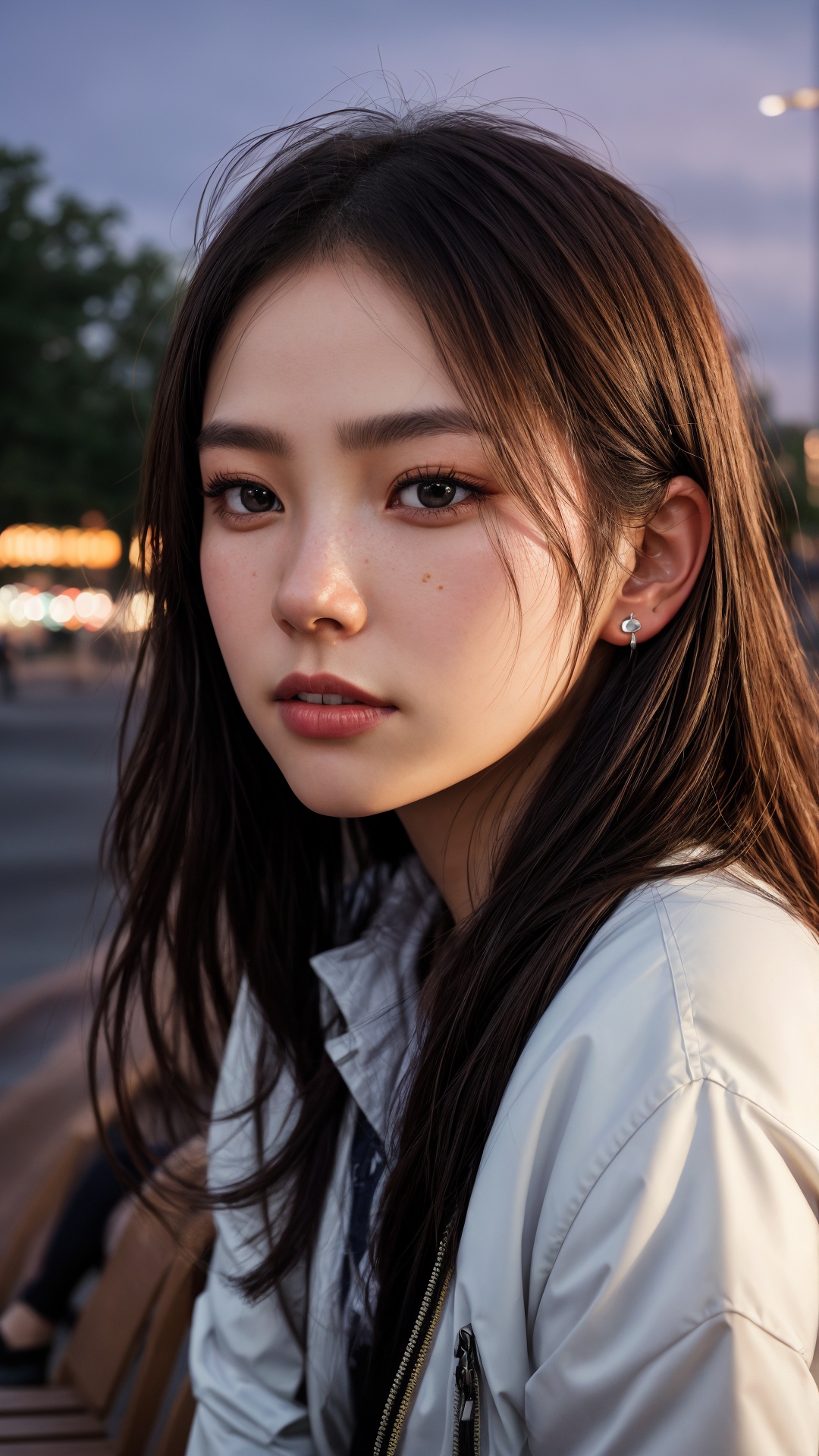 a hansohee sitting on a bench in the park,  night lights,  city lights on Tensor.Art