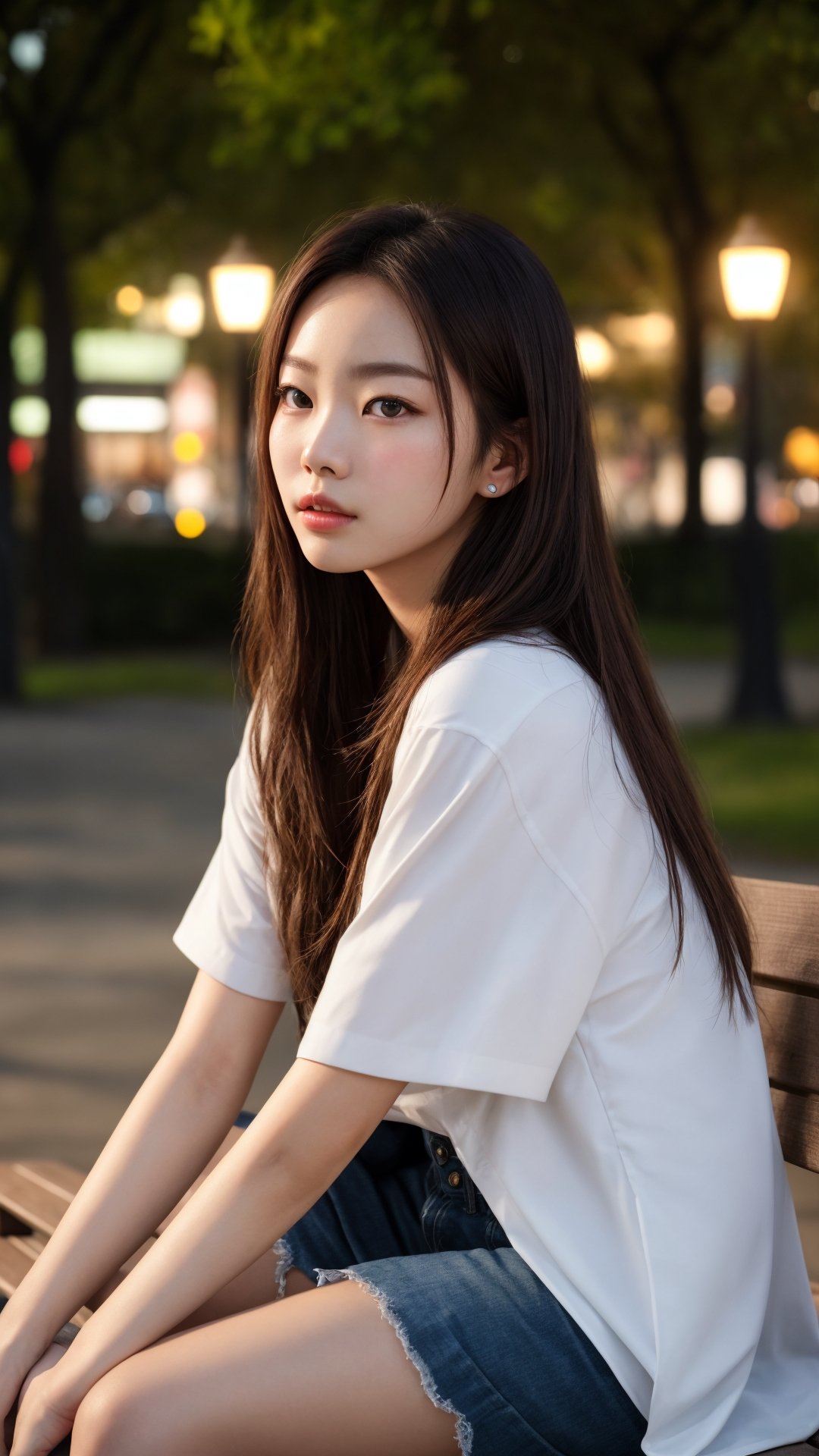 a hansohee sitting on a bench in the park,  night lights,  city lights on Tensor.Art