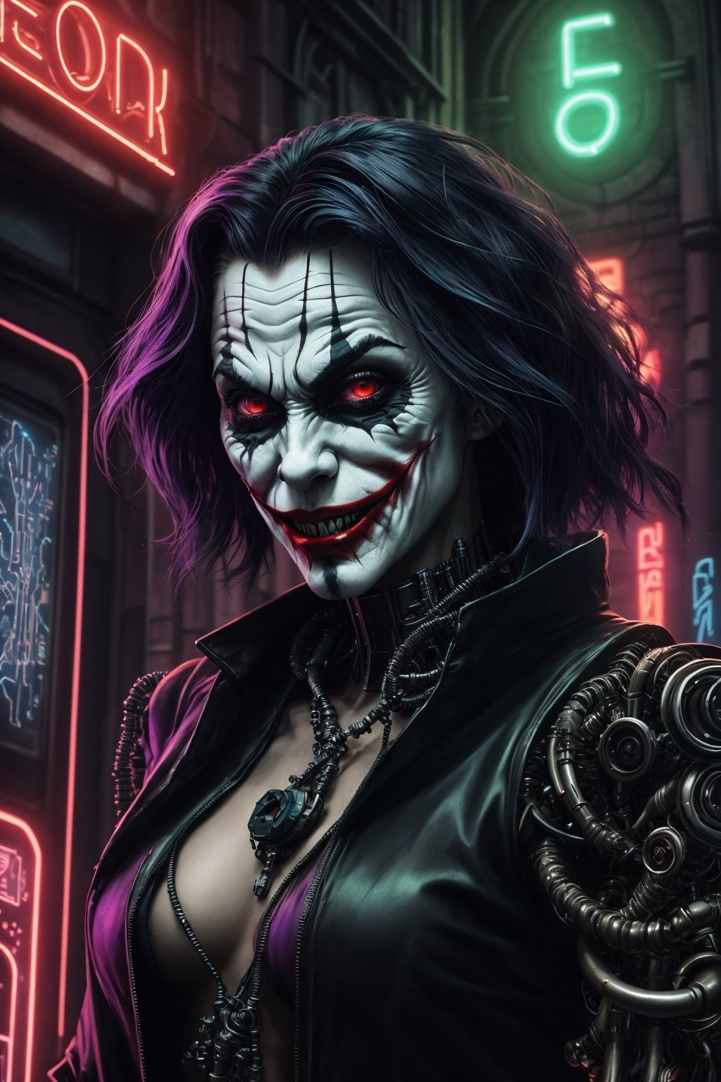 (Morbius from Marvel,  portrayed with hyper-realistic perfection and Joker-style hair),  (Biomechanical robot in a cyberpu...