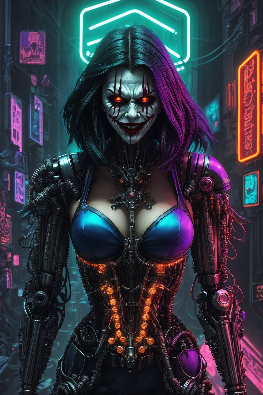 (Morbius from Marvel,  portrayed with hyper-realistic perfection and Joker-style hair),  (Biomechanical robot in a cyberpu...