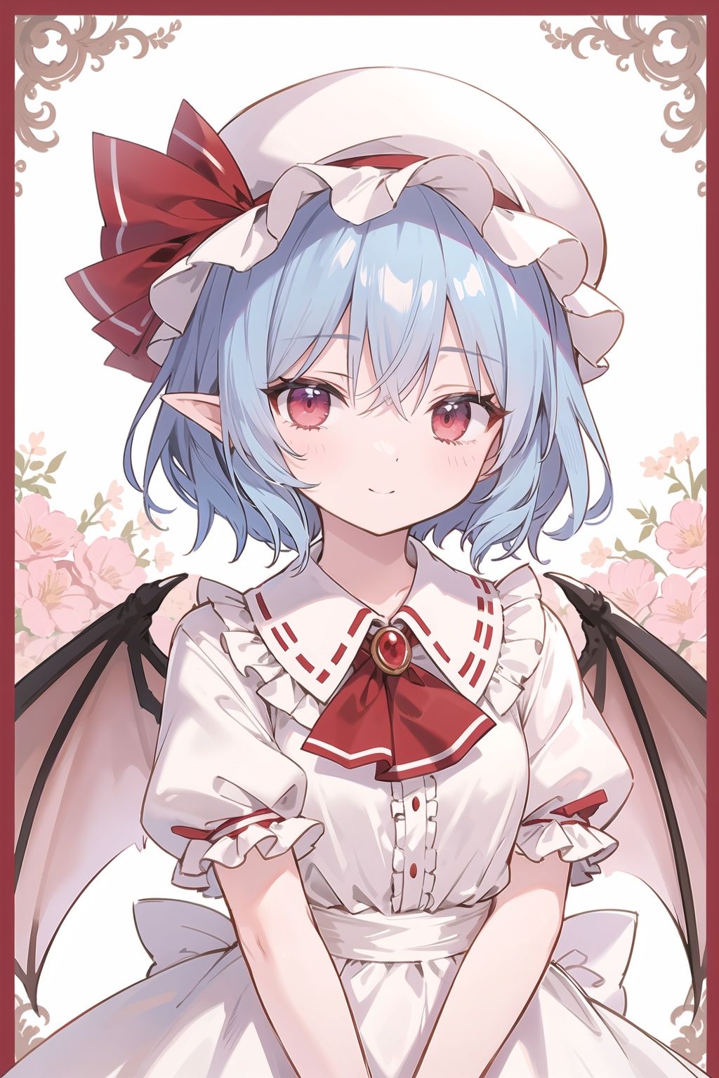 Remilia Scarlet,zun hat,extremely detailed lace,:) , upper body,arms at sides,lace,